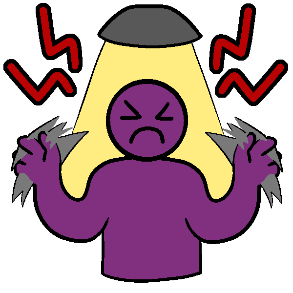 A purple person wincing and flapping their hands with a light shining on them and red squiggles coming from them.